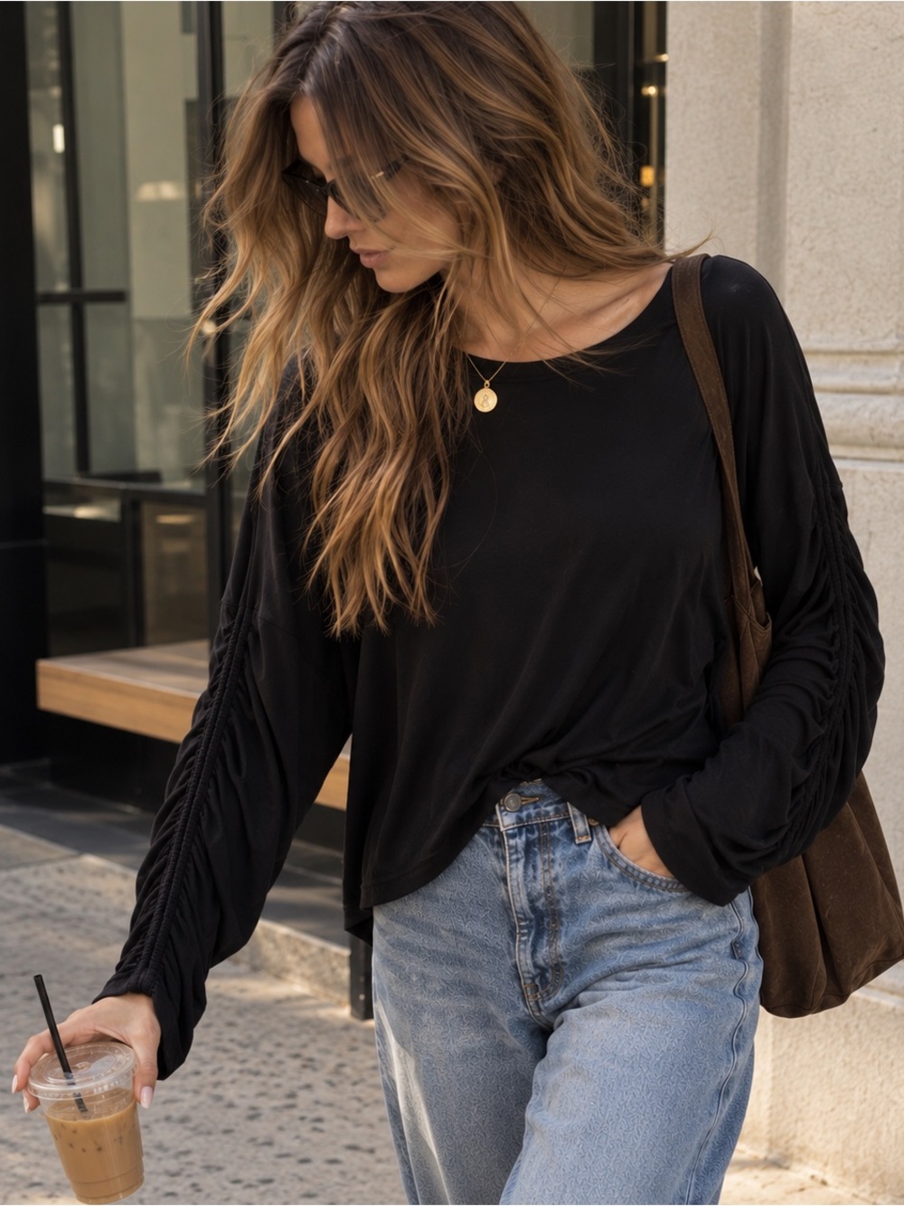 Sejour Ruched Sleeve Scoop Neck Top Black 1X